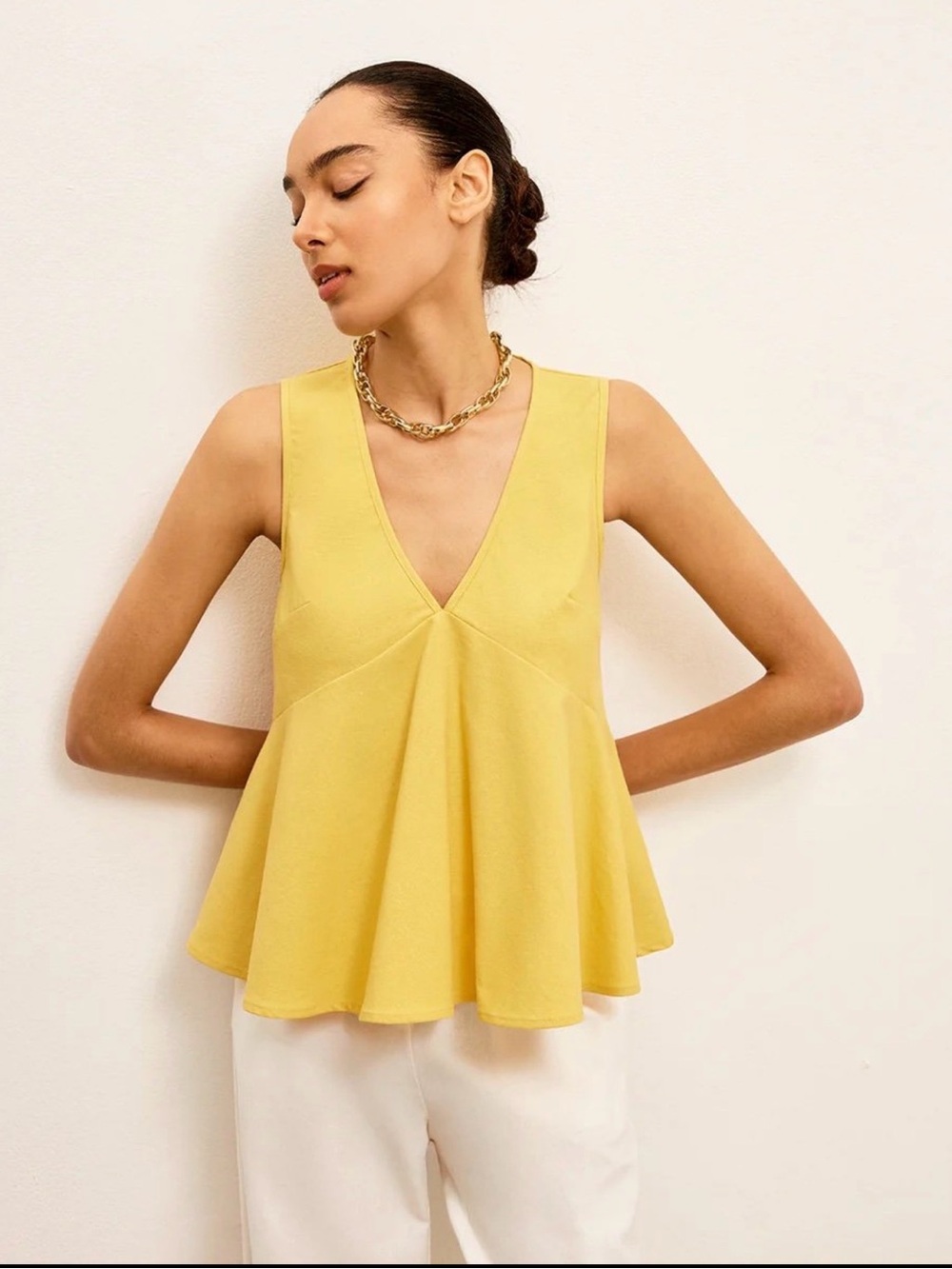 Commense Cotton & Linen V-Neck Peplum Top